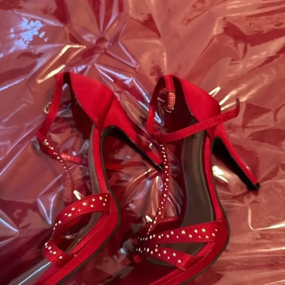 Women's Red Embellished Open-Toe High Heel Sandals